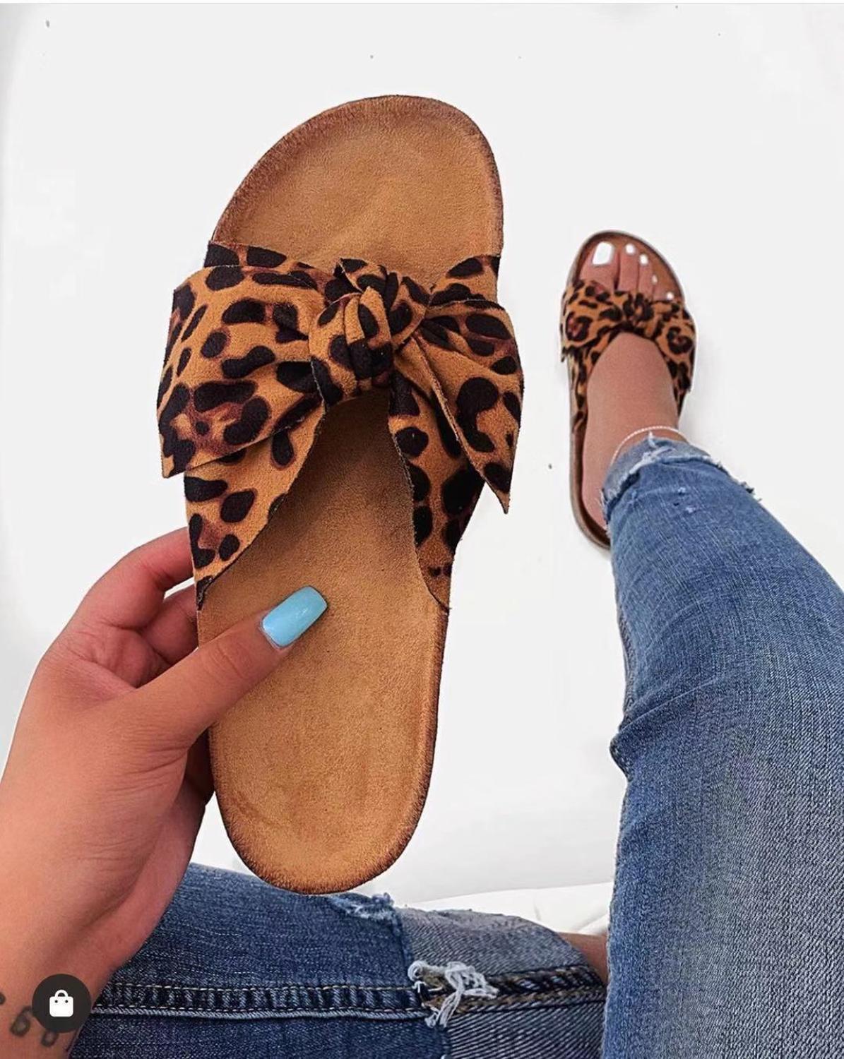 Women Strap Comfy Bow Slide Sandals Leopard